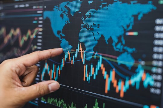 Stock market graph on digital screen showing global financial growth and technology trends