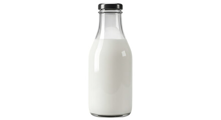 Clear glass bottle filled with fresh white milk and a silver metal cap isolated on white background