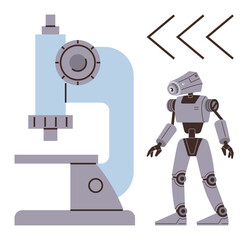 Robot beside a microscope with minimalistic arrows, representing technology, research, and futuristic concepts. Ideal for science, technology, AI, robotics, education innovation