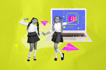 3d pop image sketch art collage of two happy schoolgirls classmates dance laptop matrix connection...