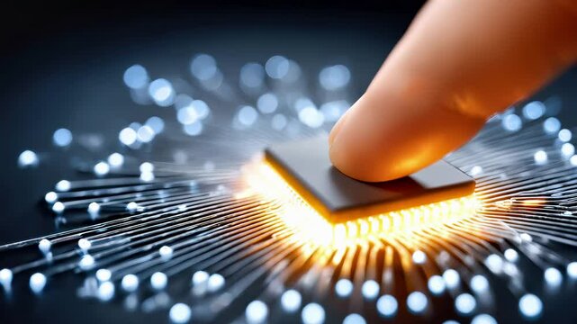 Human finger touching glowing microprocessor chip with circuit connections. Advanced technology interface with bokeh light effects. Digital innovation concept in modern electronics and computing