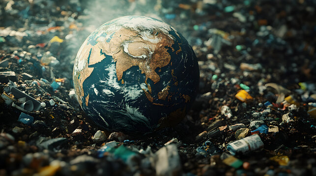 el planeta tierra rodeado de desechos toxicos y basura contaminante provocando el cambio climatico en el ecosistema problemas y crisis ambientales