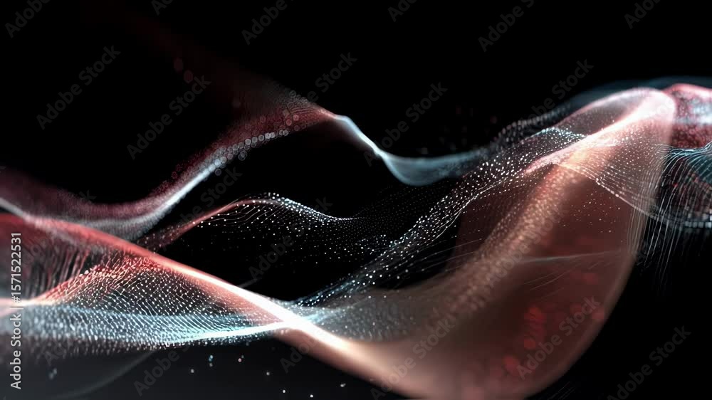 Poster abstract waves of light and color flow dynamically against a dark background, creating a sense of mo