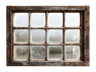 Rustic wooden window frame with frosted glass panes isolated on transparent background