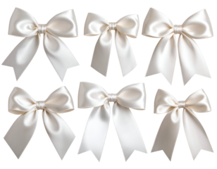 Multiple shimmering ivory satin bows showcasing their delicate folds and smooth texture for design.