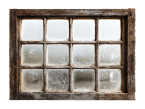 Rustic wooden window frame with frosted glass panes isolated on transparent background