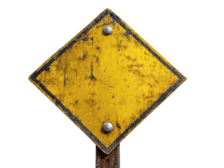 Weathered yellow diamond shaped sign with black border and metal rivets isolated on transparent background