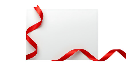 A vibrant red satin ribbon gracefully curves across a blank white square card creating a festive and elegant decorative element isolated on white background