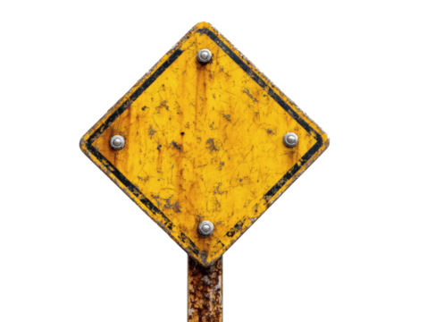 Old weathered yellow diamond shape warning sign with rusty metal pole isolated on transparent background