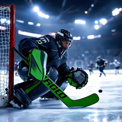 Ice hockey goalie in action defending the net with a green stick during a game in a stadium arena