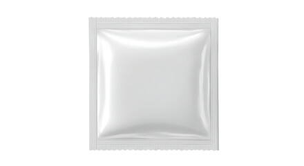 A clean blank white foil sachet or packet with sealed edges and a textured top isolated on white background