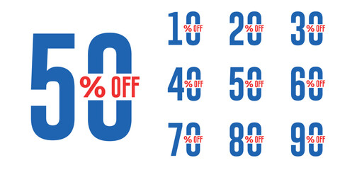 Promotion hold tag. Special offer discount on red tags shapes with different value percent off 90, 80, 70, 60, 50, 40, 30, 20, and 10%.