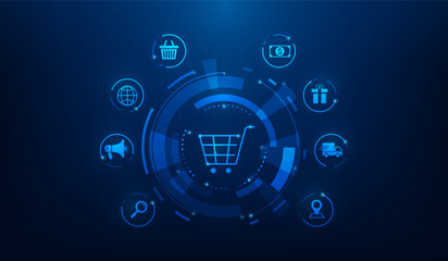 e-commerce shopping online global technology with icon background. vector illustration fantastic technology.