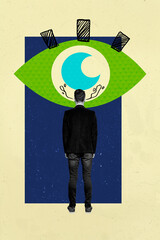 Collage of person standing under symbolic eye representing control surveillance spying manipulation...