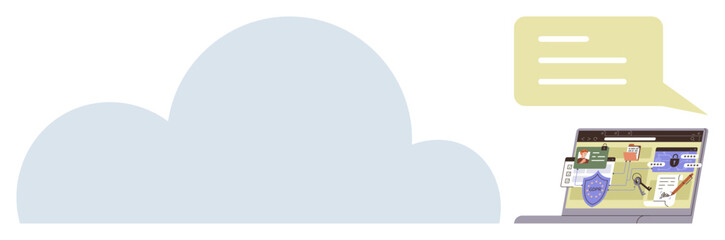 Laptop displaying security shield, analytics charts, and documents connected to a large cloud. Ideal for data storage, cloud computing, technology, security, analytics, remote work modern IT