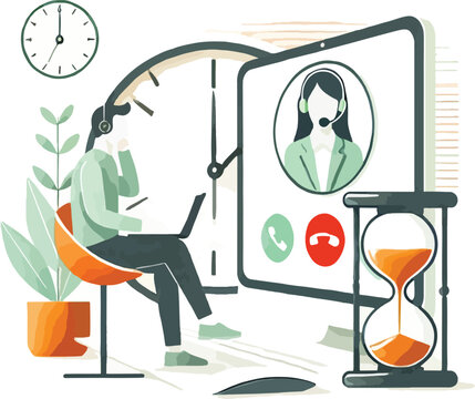 Modern illustration of remote work and communication using video calls and time management