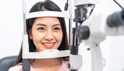 Happy Young Woman Undergoing Eye Examination.