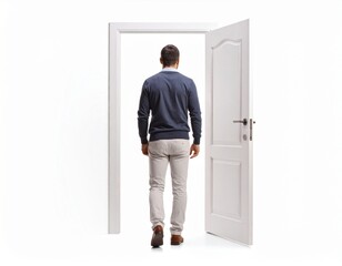 Fototapeta premium Man Walking Through Open Door New Beginnings Opportunity.