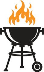 Black silhouette of a charcoal grill with flames and a wheel.Open grill with flames and sunburst silhouette