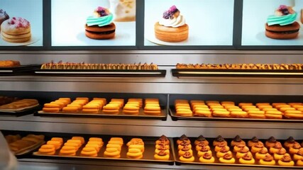 Young baker smiles proudly in a bright pastry shop display case - Powered by Adobe