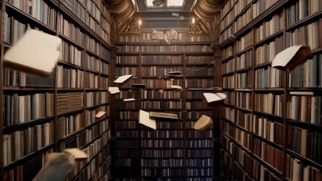 Discover a world of knowledge within an ancient library filled with floating books