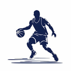Silhouette of a basketball player dribbling the ball in action on a white isolated background design