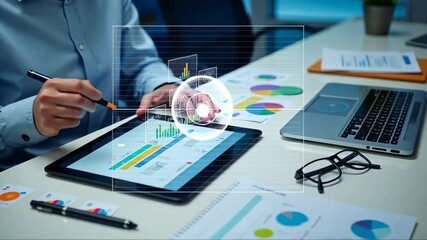Businessman analyzing financial data and stock market trends on a digital tablet with a futuristic holographic interface. Business analytics and technology concept.. - Powered by Adobe