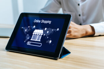 Shopping Online Application. mobile smart tablet display with shopping online icon diagram with customer in meeting room office, shopping online platform, digital marketing, internet network concept