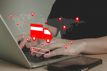 Delivery Tracking System. customer track shipment on laptop computer, food delivery, digital marketing, shopping online platform, network technology, logistic and transportation concept