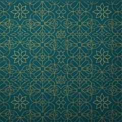 Elegant seamless Islamic geometric pattern in green and gold, perfect for Ramadan and Eid backgrounds, Islamic event invitations, greeting cards, textile prints, wallpapers, and digital designs. This 