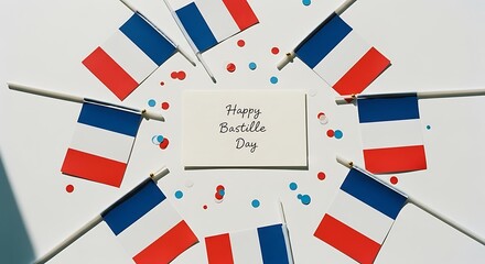 French flags arranged around a card reading "Happy Bastille Day" with red and blue confetti on a white surface.