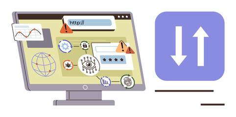 Monitor with warning icons, lock, eye, and password elements. Ideal for security, phishing, hacking, online safety malware data protection authentication. Simple flat metaphor