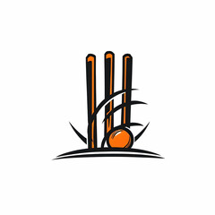 Stylized illustration of cricket wickets with ball and grass in orange and black colorscheme