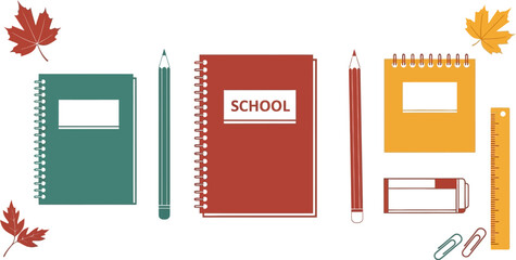 Back to school supplies flat lay vector design with notebooks and pencils