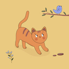 Cute baby cat with bird. Vector illustration for baby shower, greeting card, party invitation, fashion clothes t-shirt print.
