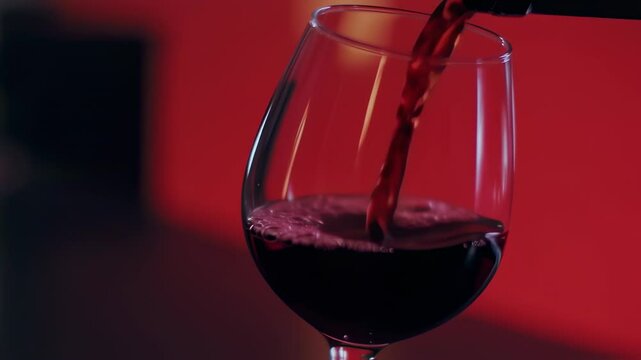Red Wine Pouring into a Glass Against a Red Background