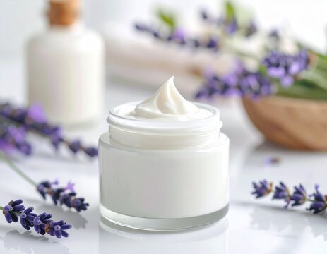 Crema rostro o mascarilla capilar en frasco de vidrio abierta