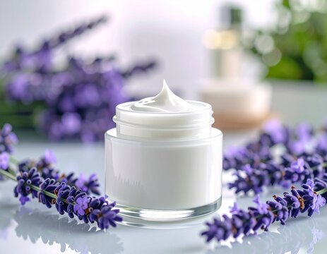 Crema rostro o mascarilla capilar en frasco de vidrio abierta