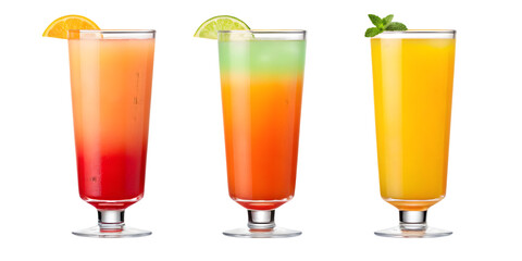 Three colorful layered cocktails with fruit garnishes isolated on transparent background