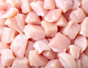 A close-up of a pile of pinkish raw chicken pieces, likely intended for cooking or further...