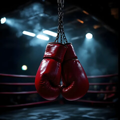 Red boxing gloves hanging in a boxing ring with spotlights shining down on the empty arena in the dark