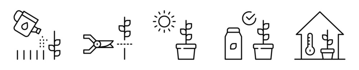 Conjunto de iconos de cuidado de plantas. Acciones para plantas sanas. Riego, podar, luz solar, protección contra plagas y control de temperatura. Ilustración vectorial