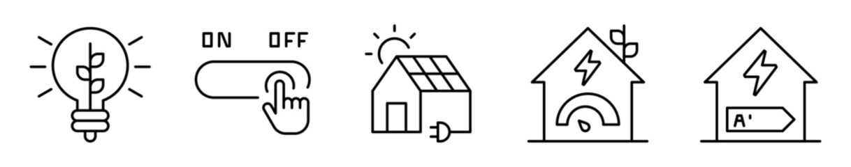 Conjunto de iconos de ahorro energético en casa. Acciones para reducir consumo energético. Foco encendido, apagado, energía solar, conexión y carga eléctrica