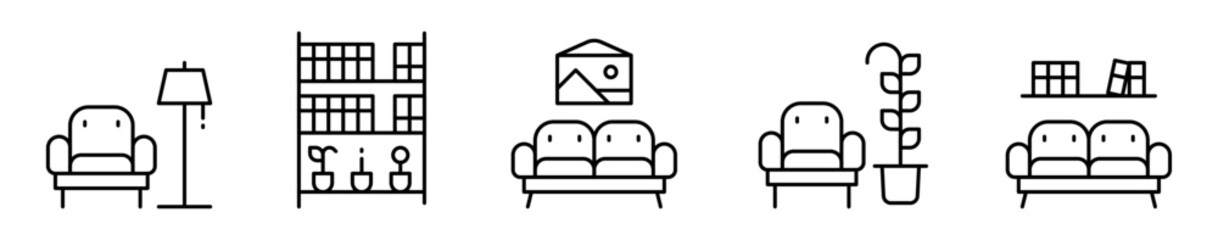Conjunto de iconos de decoración interior. Muebles y objetos decorativos. Sillón con lámpara, estante con libros, sala, planta, librero