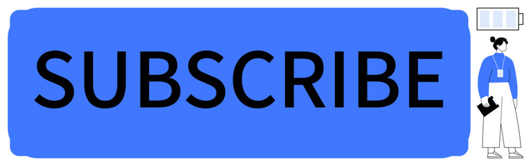 Word SUBSCRIBE in bold text on blue rectangle, person holding folder, low-battery icon at corner. Ideal for marketing, productivity, online content, urgency, newsletters, business growth simple flat