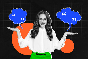 Exclusive image full photo collage of happy girl show hands palm comparison cloud communication...