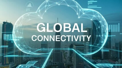 Modern city skyline with digital cloud overlay, showcasing global network infrastructure and technology - Powered by Adobe