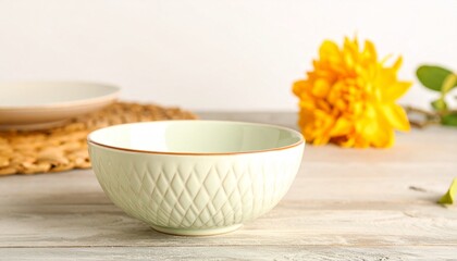 Minimalist Ceramic Bowl on Warm Beige Table – Soft Natural Light with Autumn Floral Accent