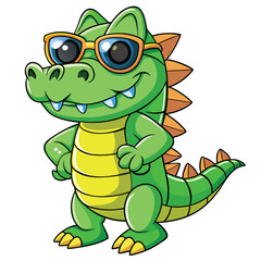 Funny cartoon crocodile wearing sunglasses and standing confidently