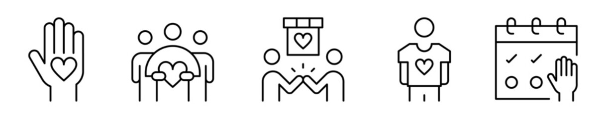 Conjunto de iconos de voluntariado. Acciones solidarias. Ayuda, colaboración en equipo, compromiso social, identidad voluntaria y organización de actividades